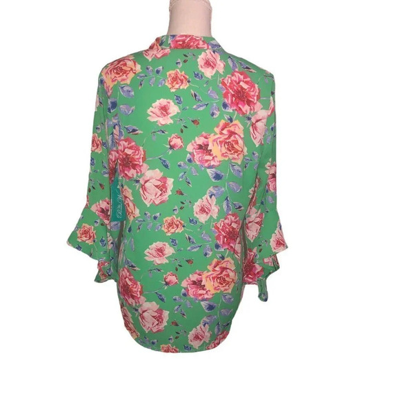 Pioneer WOMAN Sz M Women's Green Floral 3/4 Sleeve Ruffles High Low Hem Blouse - Picture 6 of 6
